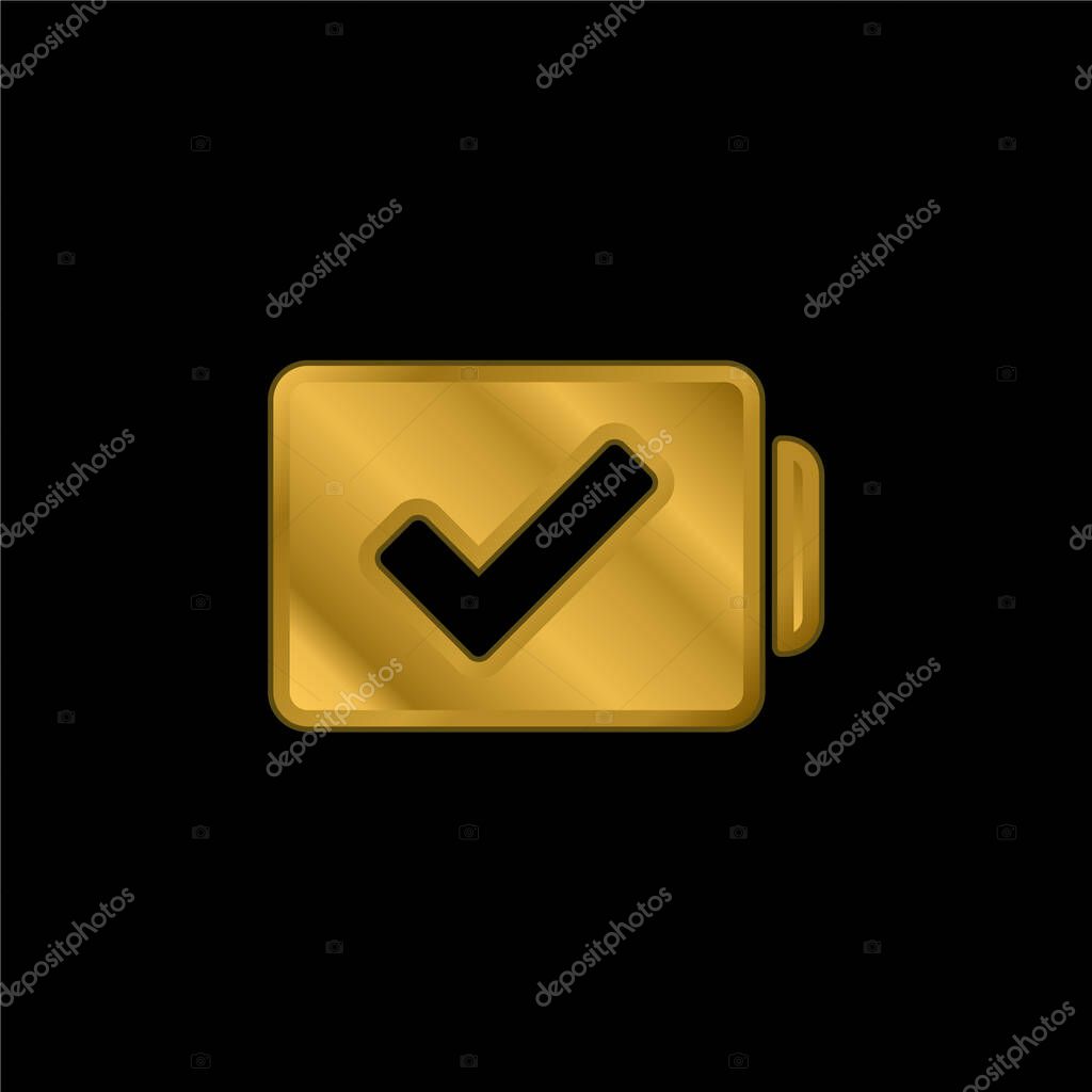 Battery With Verification Sign gold plated metalic icon or logo vector
