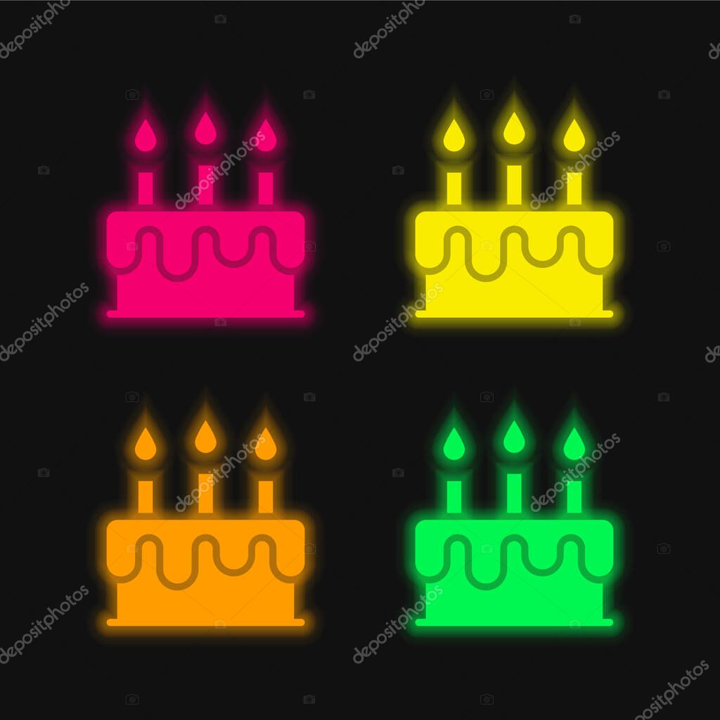 Birthday Cake four color glowing neon vector icon