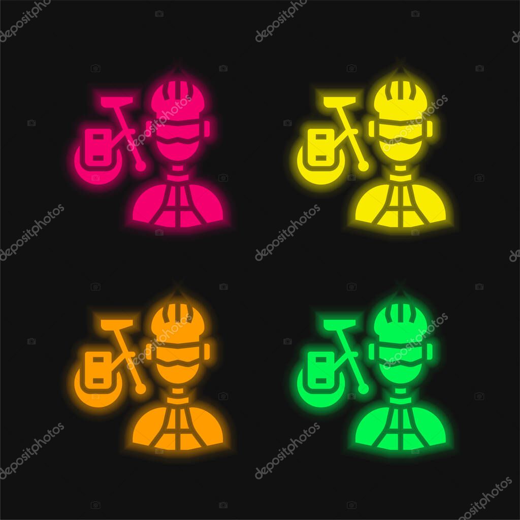 Biker four color glowing neon vector icon