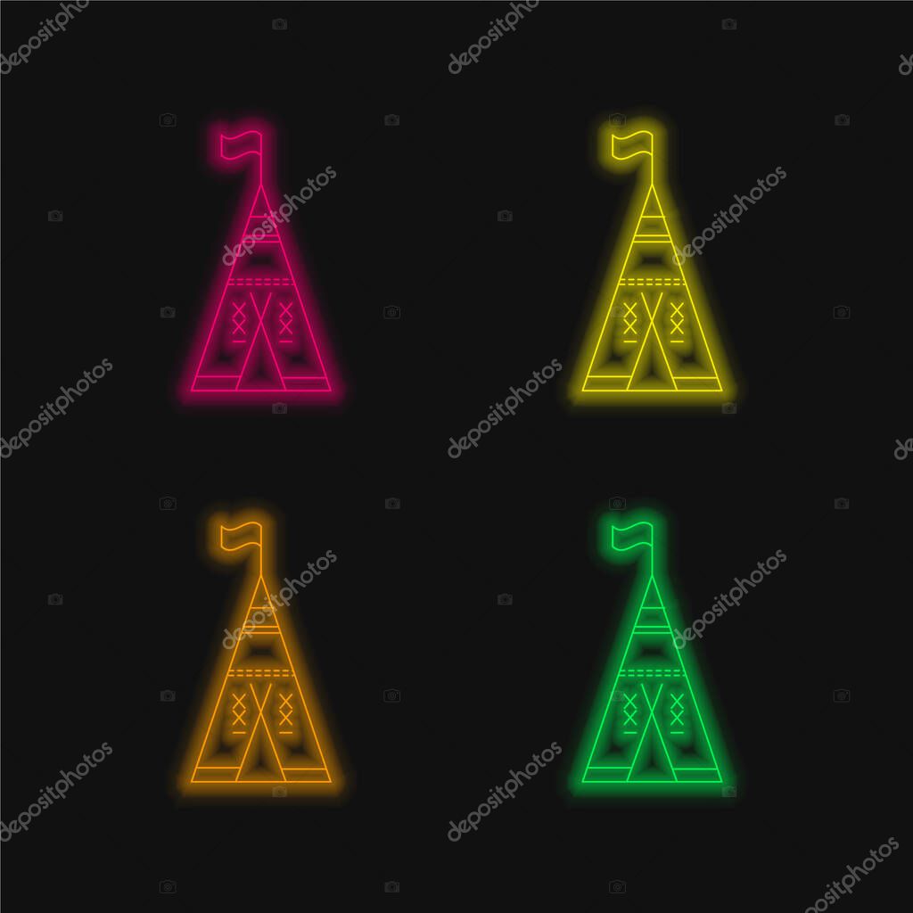 African Tribal Tent With Flag four color glowing neon vector icon