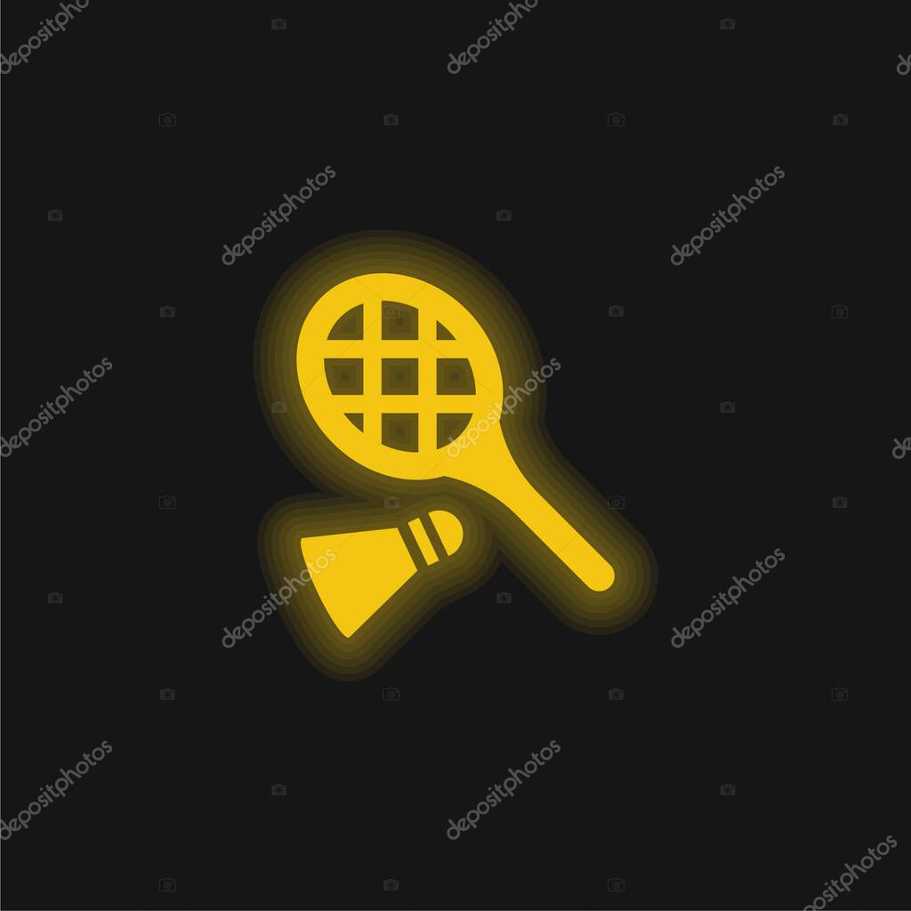 Badminton RAcket And Feather yellow glowing neon icon