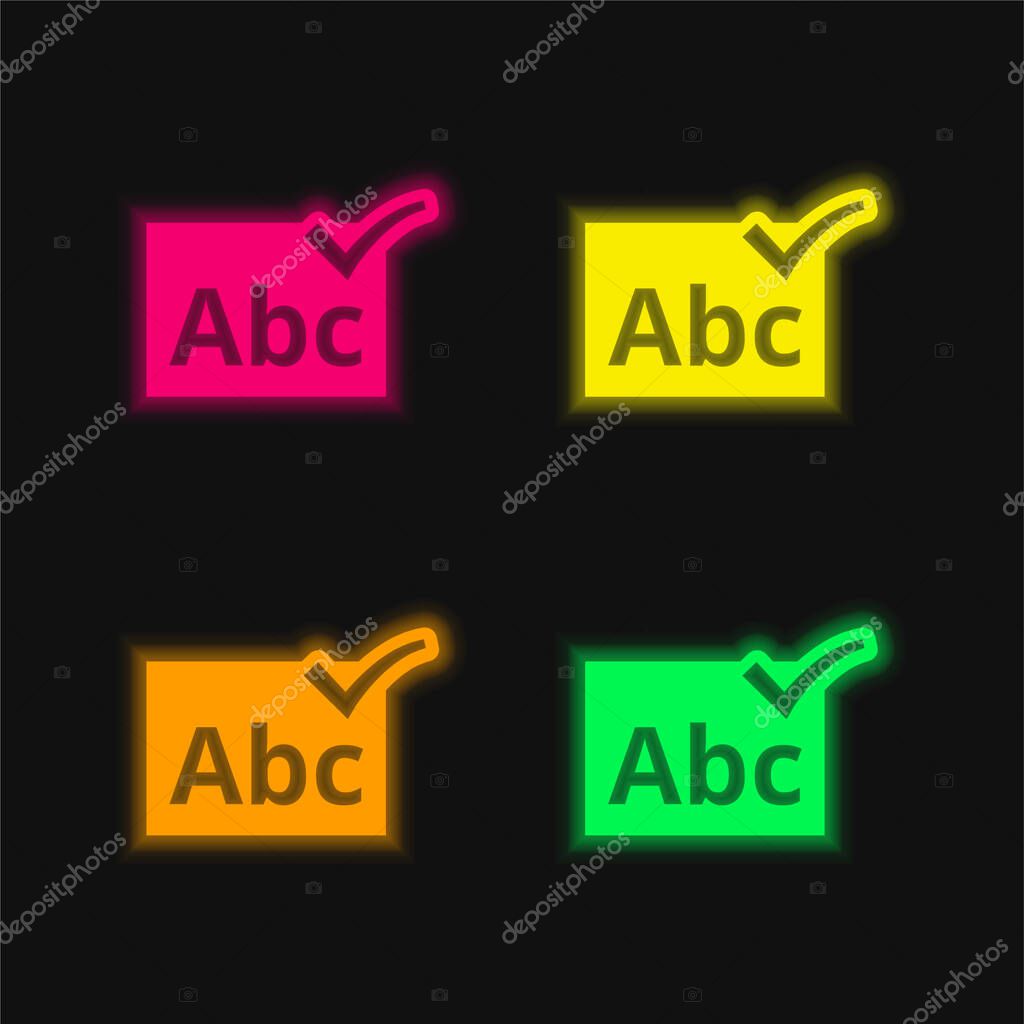 ABC Verification Symbol four color glowing neon vector icon