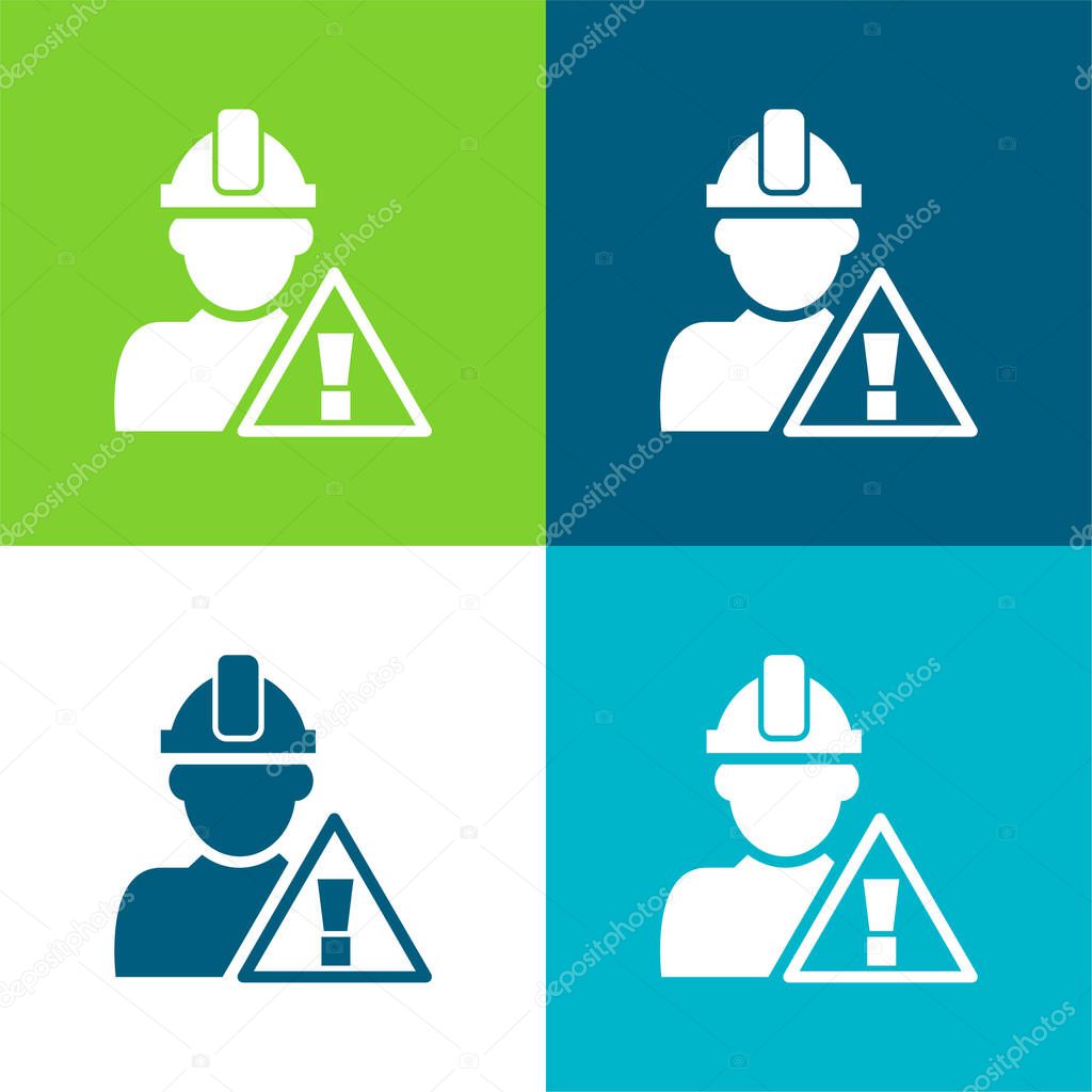 Attention Signal And Construction Worker Flat four color minimal icon set