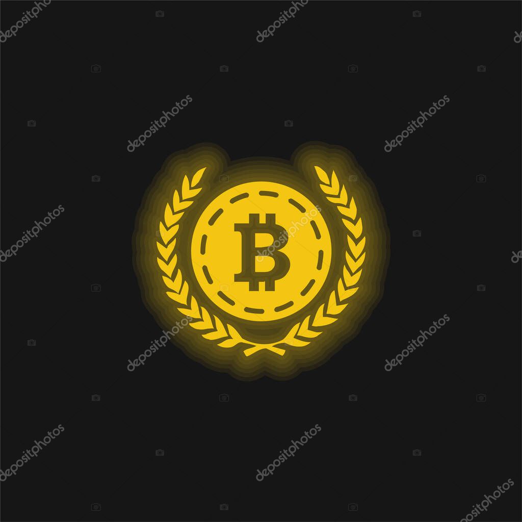Bitcoin With Olive Leaves At Both Sides yellow glowing neon icon