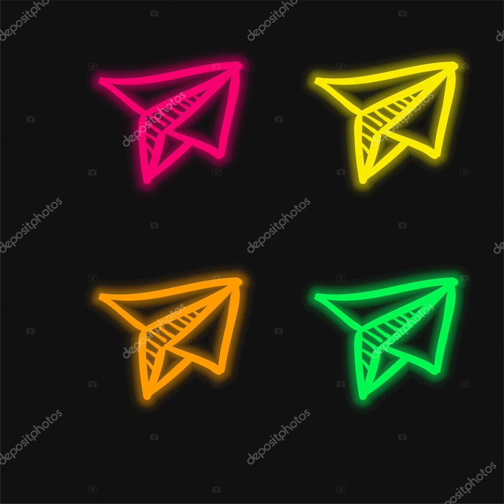 Airplane Toy Of Folded Paper four color glowing neon vector icon