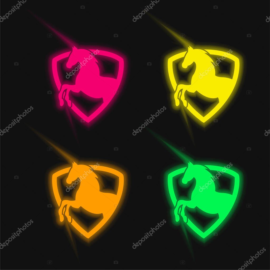 Black Horse Part In A Shield Outline four color glowing neon vector icon
