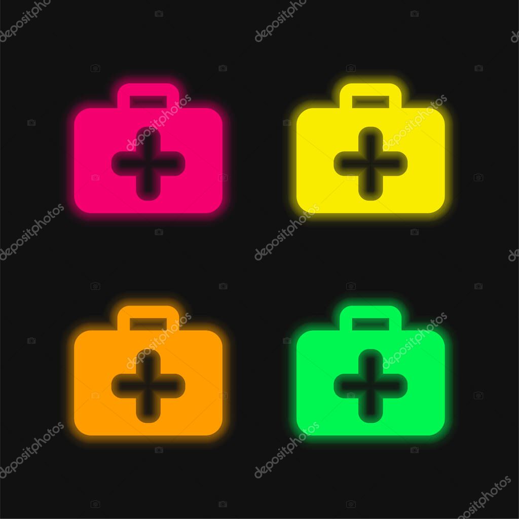 Briefcase four color glowing neon vector icon