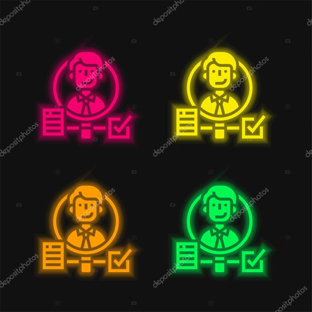Background Check four color glowing neon vector icon