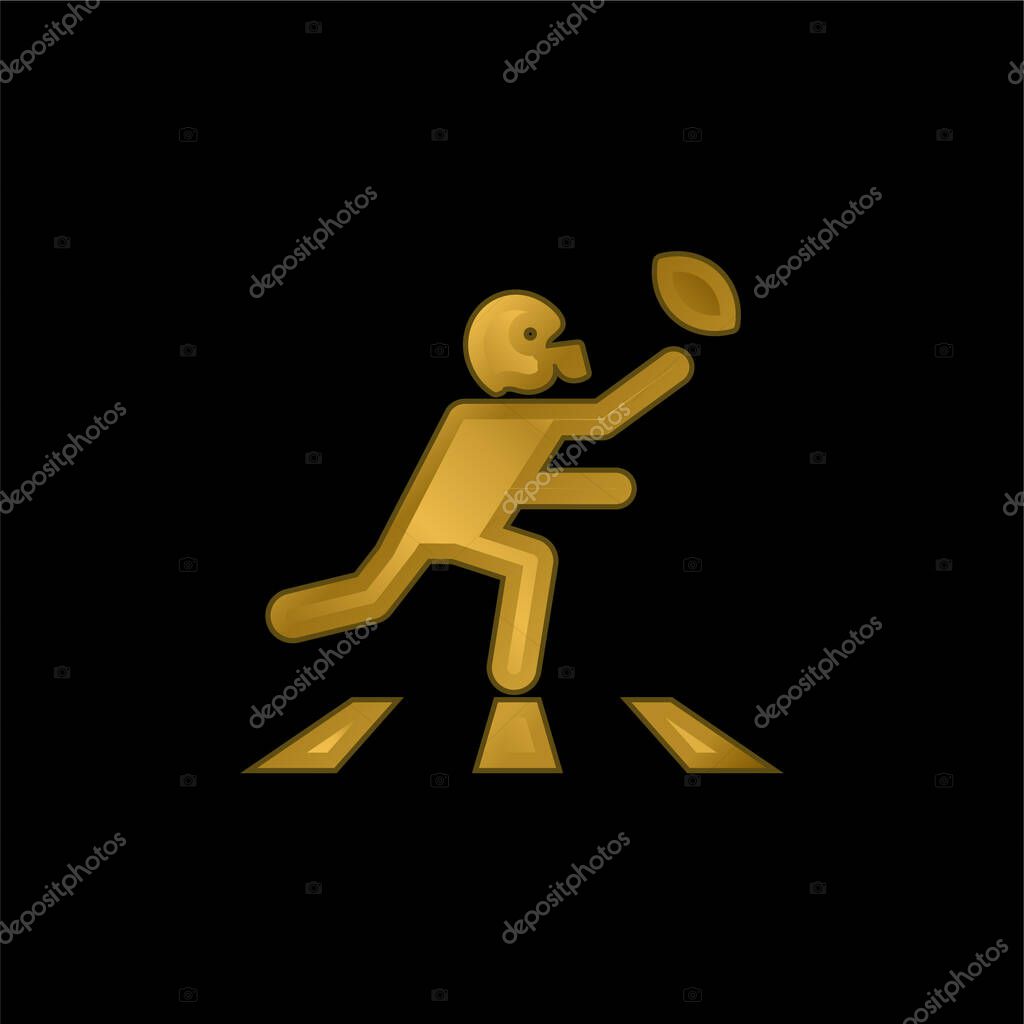 American Football Player Running With The Ball gold plated metalic icon or logo vector