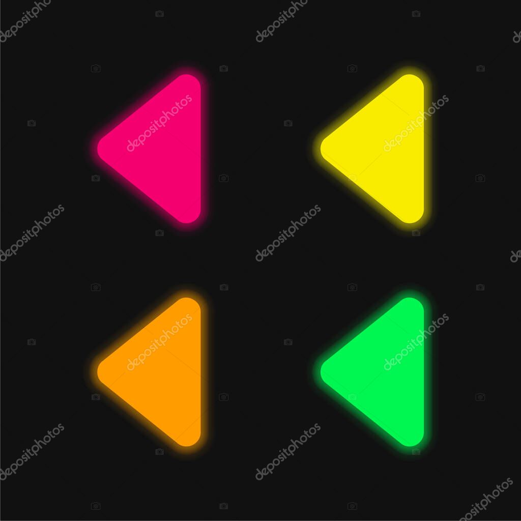 Black Triangular Arrowhead Pointing To Left Direction four color glowing neon vector icon