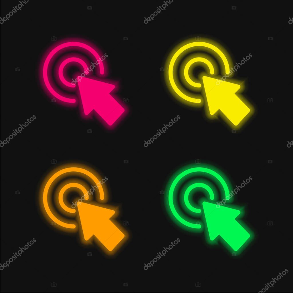 Arrow Pointing The Center Of A Circular Button Of Two Concentric Circles four color glowing neon vector icon