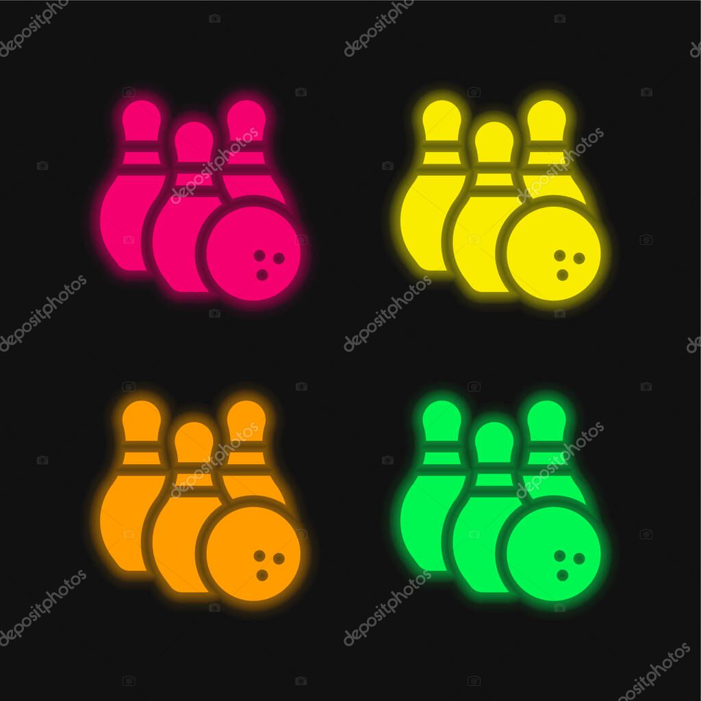 Bowling four color glowing neon vector icon