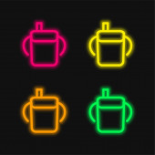 Baby Trinkflasche Umriss mit seitlichen Griffen vier Farbe leuchtenden Neon-Vektor-Symbol