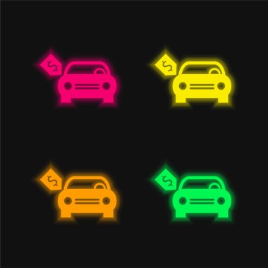 Brand New Car With Dollar Price Tag four color glowing neon vector icon clipart
