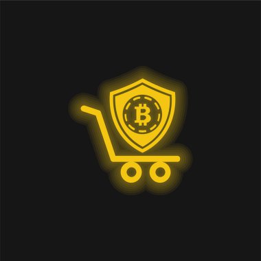 Bitcoin Güvenlik Alışveriş Kalkanı Sembolü Sarı parlak neon simgesi