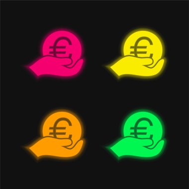 Elde büyük Euro Sikkesi 4 renkli parlak neon vektör simgesi