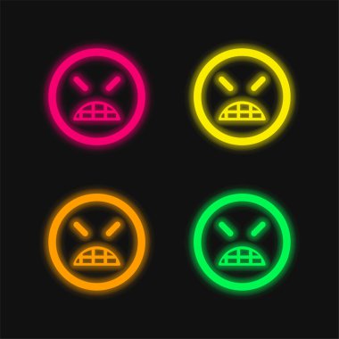 Kızgın Duygu Karesi Yüzü Kapalı Gözlerle Dört renkli parlak neon vektör simgesi