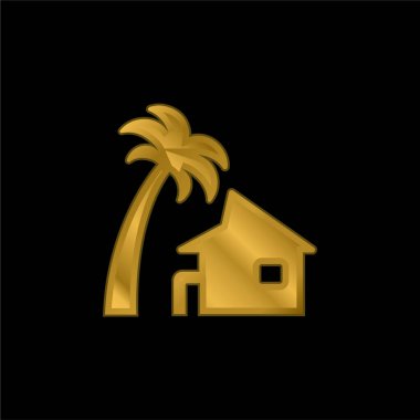 Plaj evi altın kaplamalı metalik simge veya logo vektörü