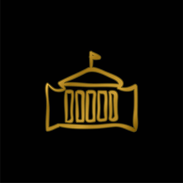 Административное здание с флагом Ручной рисунок контур позолоченный металлический значок или вектор логотипа