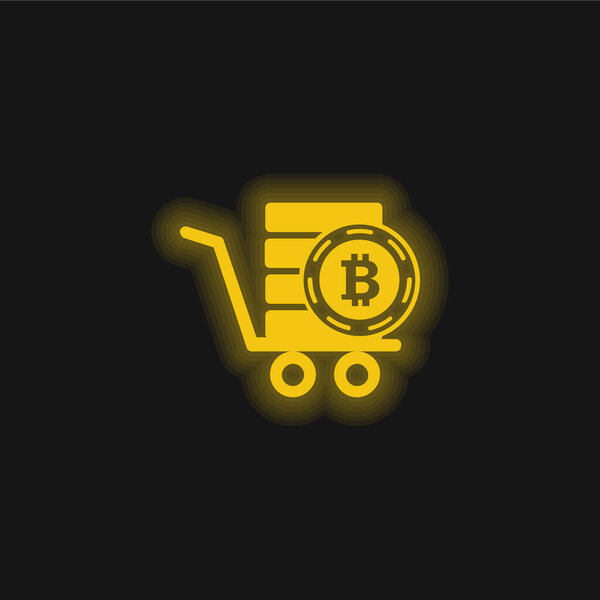 Bitcoin In A Pushcart yellow glowing neon icon