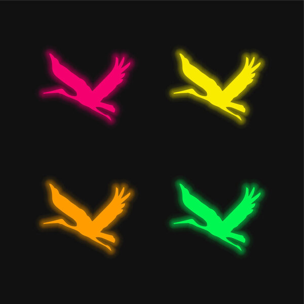 Bird Flying Shape four color glowing neon vector icon