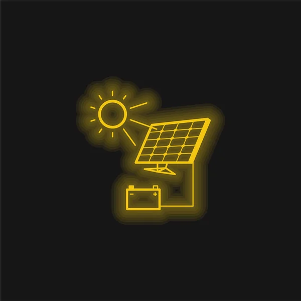 Chargement Batterie Avec Panneau Solaire Jaune Brillant Icône Néon — Image vectorielle