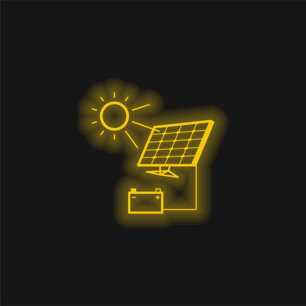 Battery Charging With Solar Panel yellow glowing neon icon