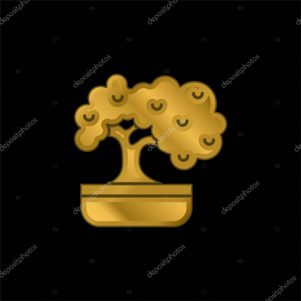 Bonsai gold plated metalic icon or logo vector