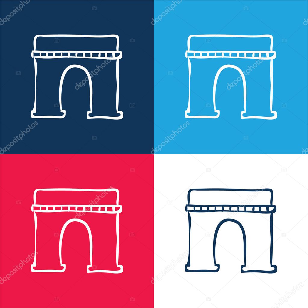 Arch Monumental Outlined Hand Drawn Construction blue and red four color minimal icon set