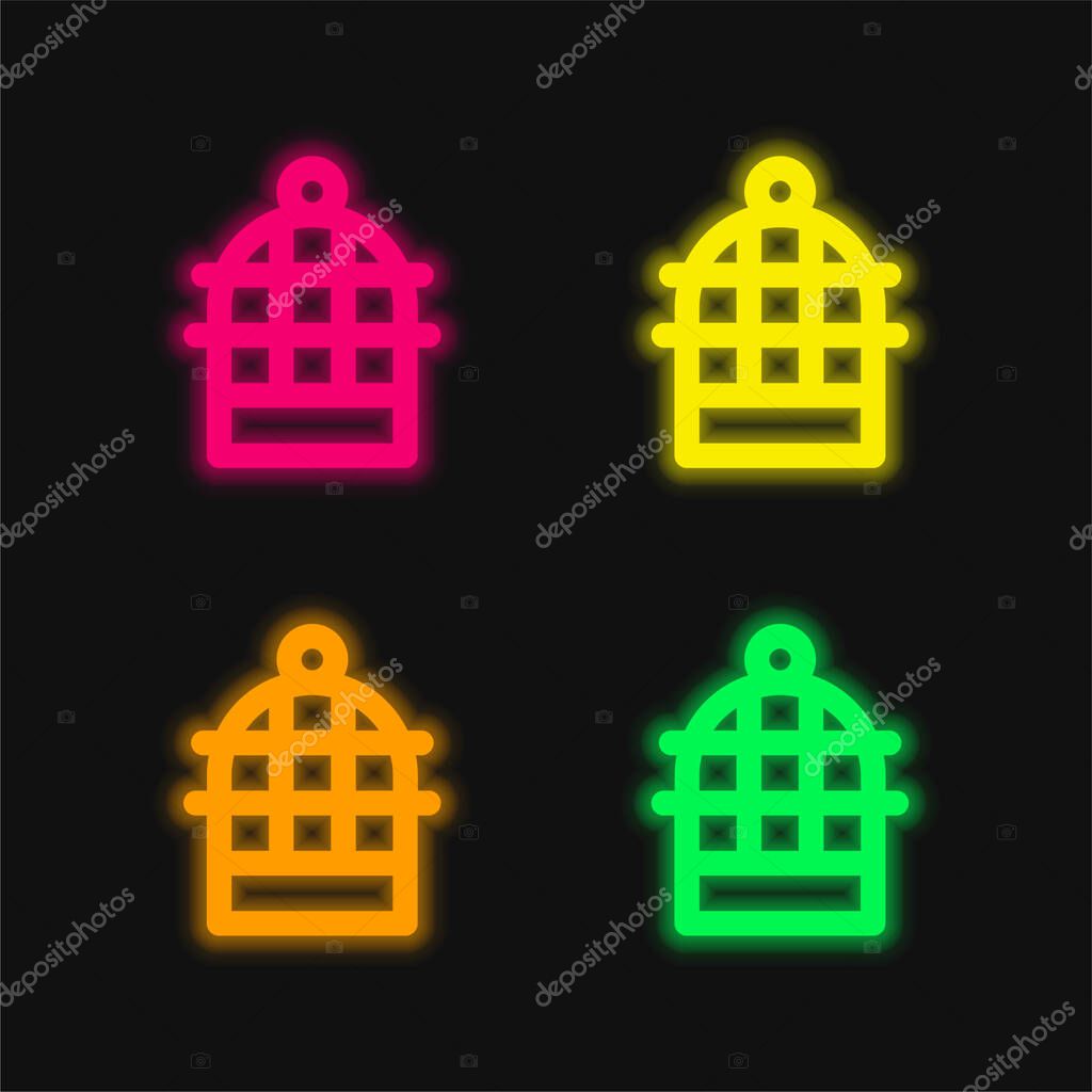 Bird Cage four color glowing neon vector icon