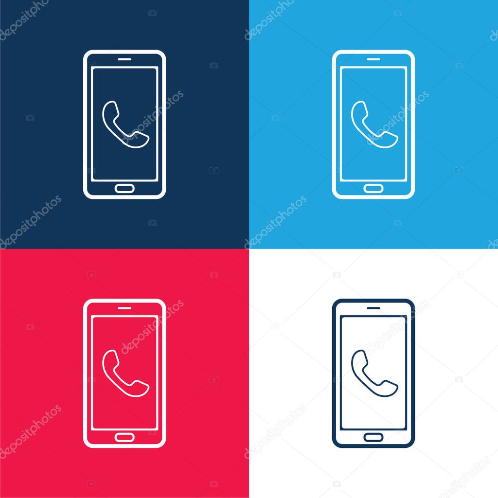 Auricular On Phone Screen blue and red four color minimal icon set