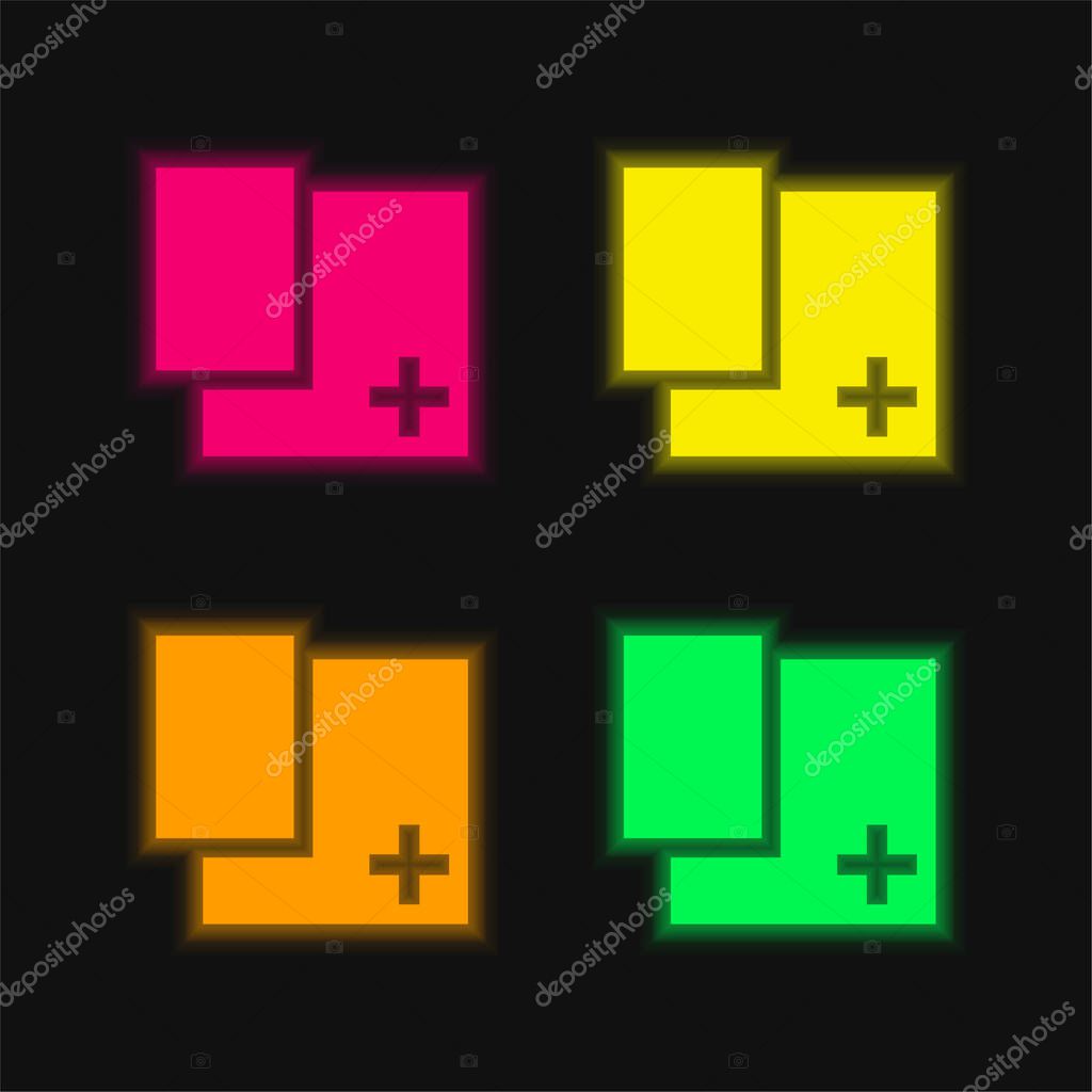 Add Rectangular Shape Button four color glowing neon vector icon