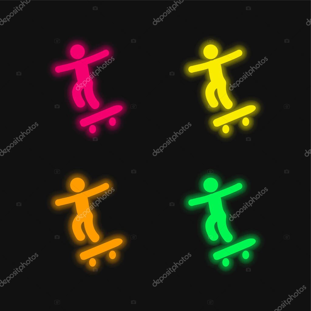 Boy With Skatingboard four color glowing neon vector icon