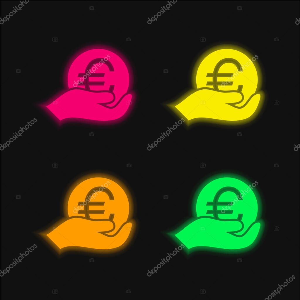 Big Euro Coin On Hand four color glowing neon vector icon