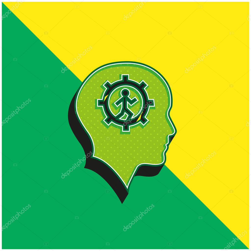 Bald Head With Gear And Running Man Inside Green and yellow modern 3d vector icon logo