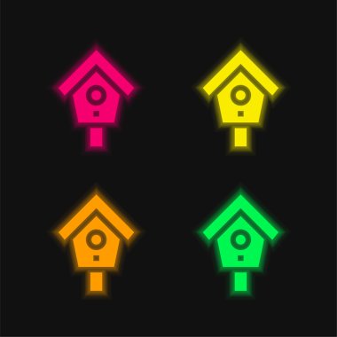 Kuş Evi dört renkli parlayan neon vektör simgesi