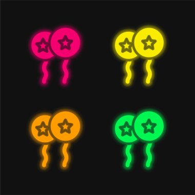 Yıldızlı dört renkli balonlar. Parlayan neon vektör simgesi