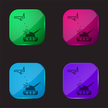 Airplane Throwing Bombs On A War Tank four color glass button icon clipart