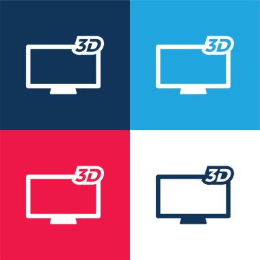 3D Television blue and red four color minimal icon set clipart