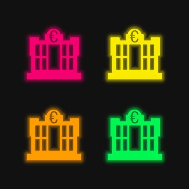 Bank Building Of Euros four color glowing neon vector icon clipart