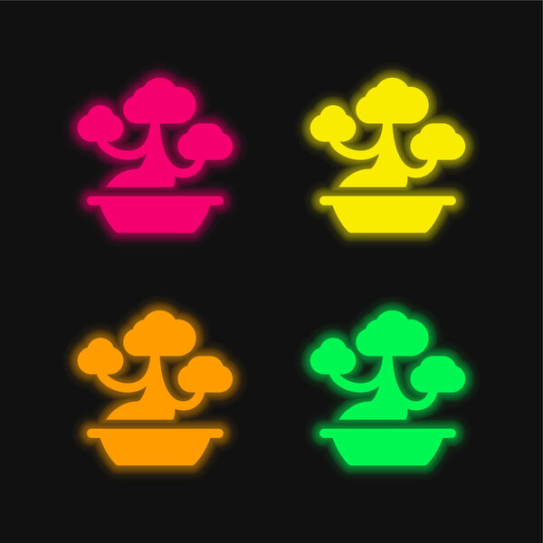 Bonsai four color glowing neon vector icon