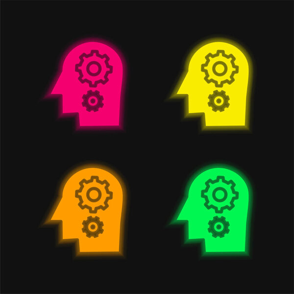 Brainstorm four color glowing neon vector icon