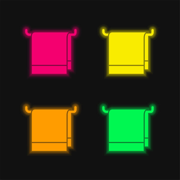 Bathroom Towel four color glowing neon vector icon