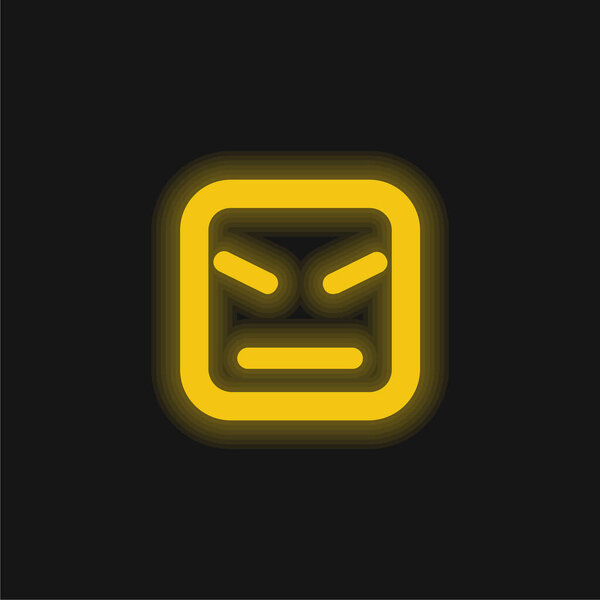 Angry Face Of Square Shape And Straight Lines yellow glowing neon icon