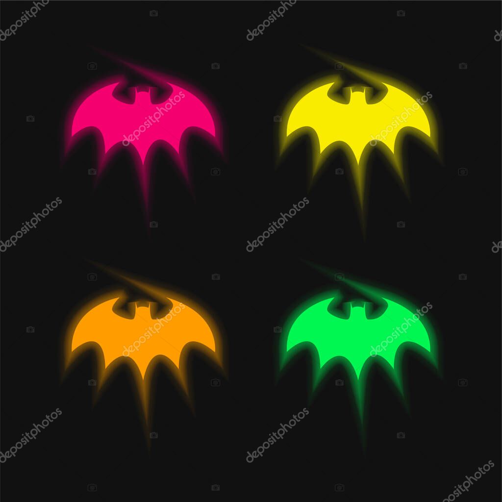 Bat With Sharp Wings Silhouette four color glowing neon vector icon