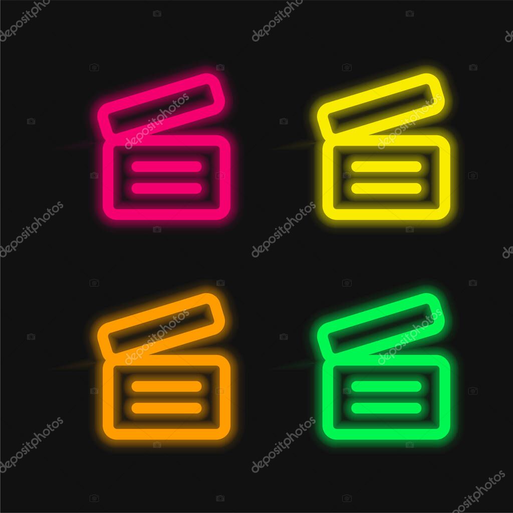 Archive Outlined Box With Text Lines four color glowing neon vector icon