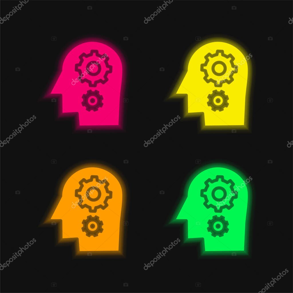 Brainstorm four color glowing neon vector icon