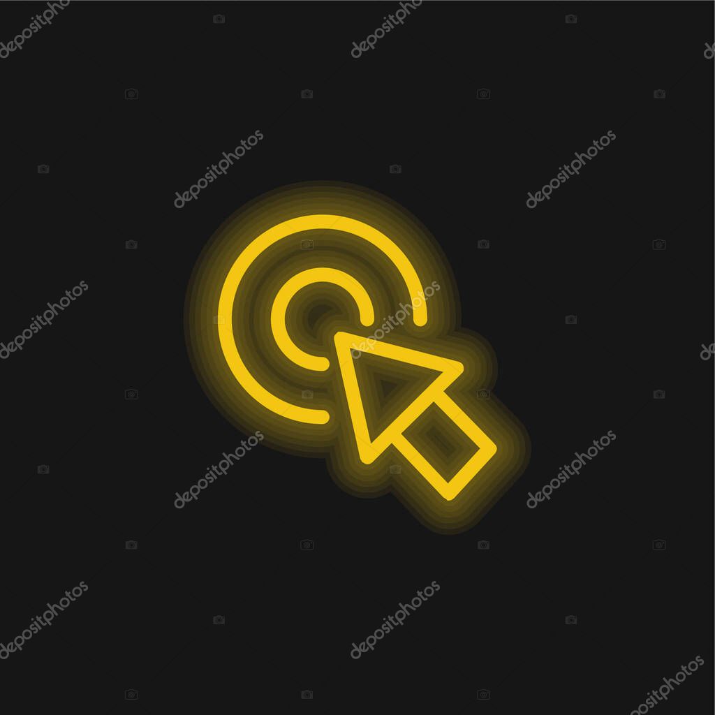 Arrow Pointing The Center Of A Circular Button Of Two Concentric Circles yellow glowing neon icon