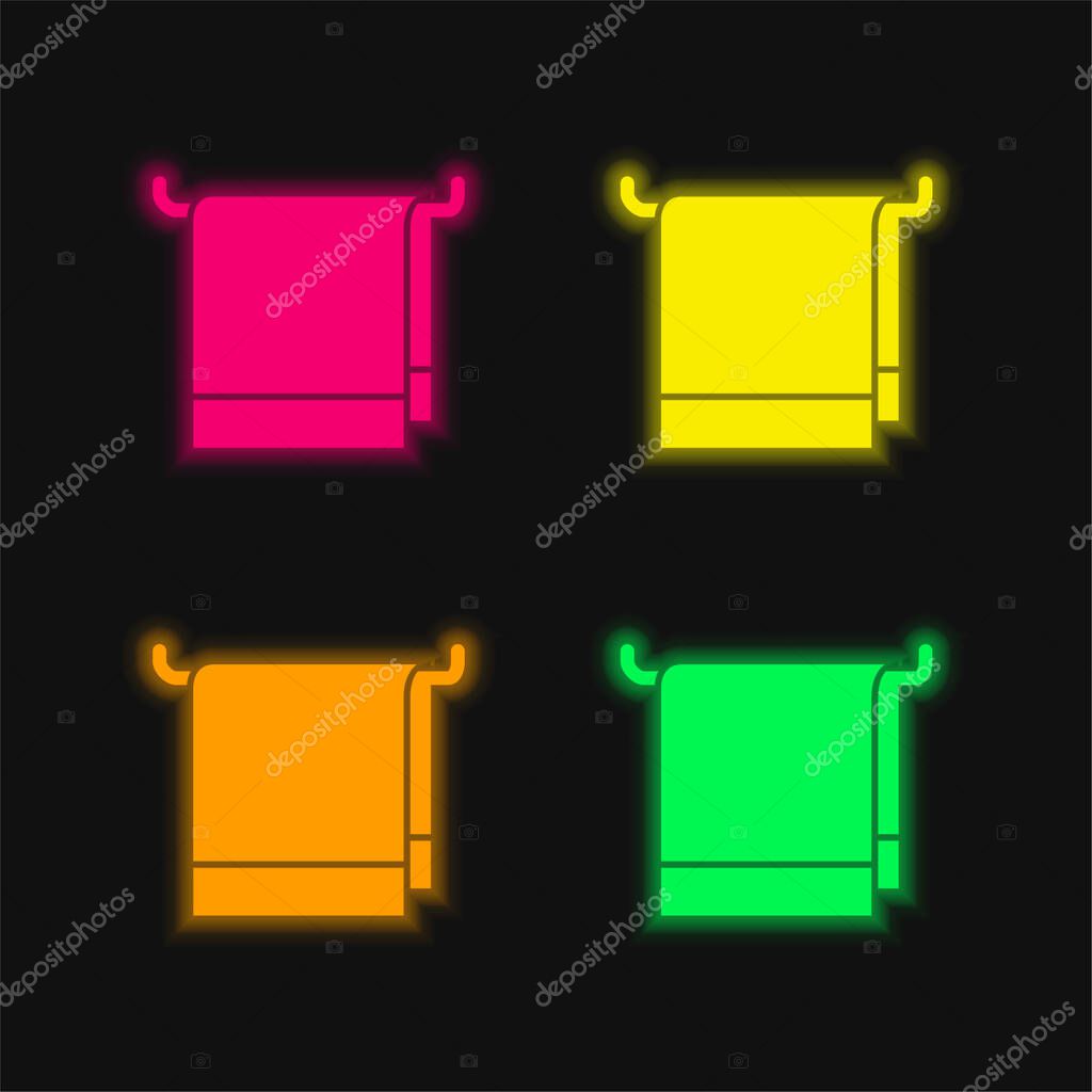 Bathroom Towel four color glowing neon vector icon
