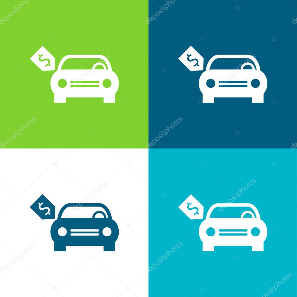 Brand New Car With Dollar Price Tag Flat four color minimal icon set